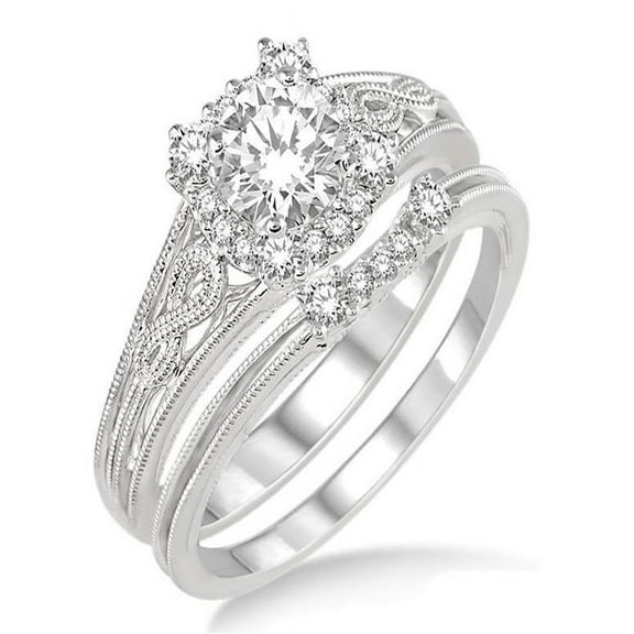 1.00 Carat Vintage halo floral Bridal Set Engagement Ring with Round Diamond in 10k white Gold