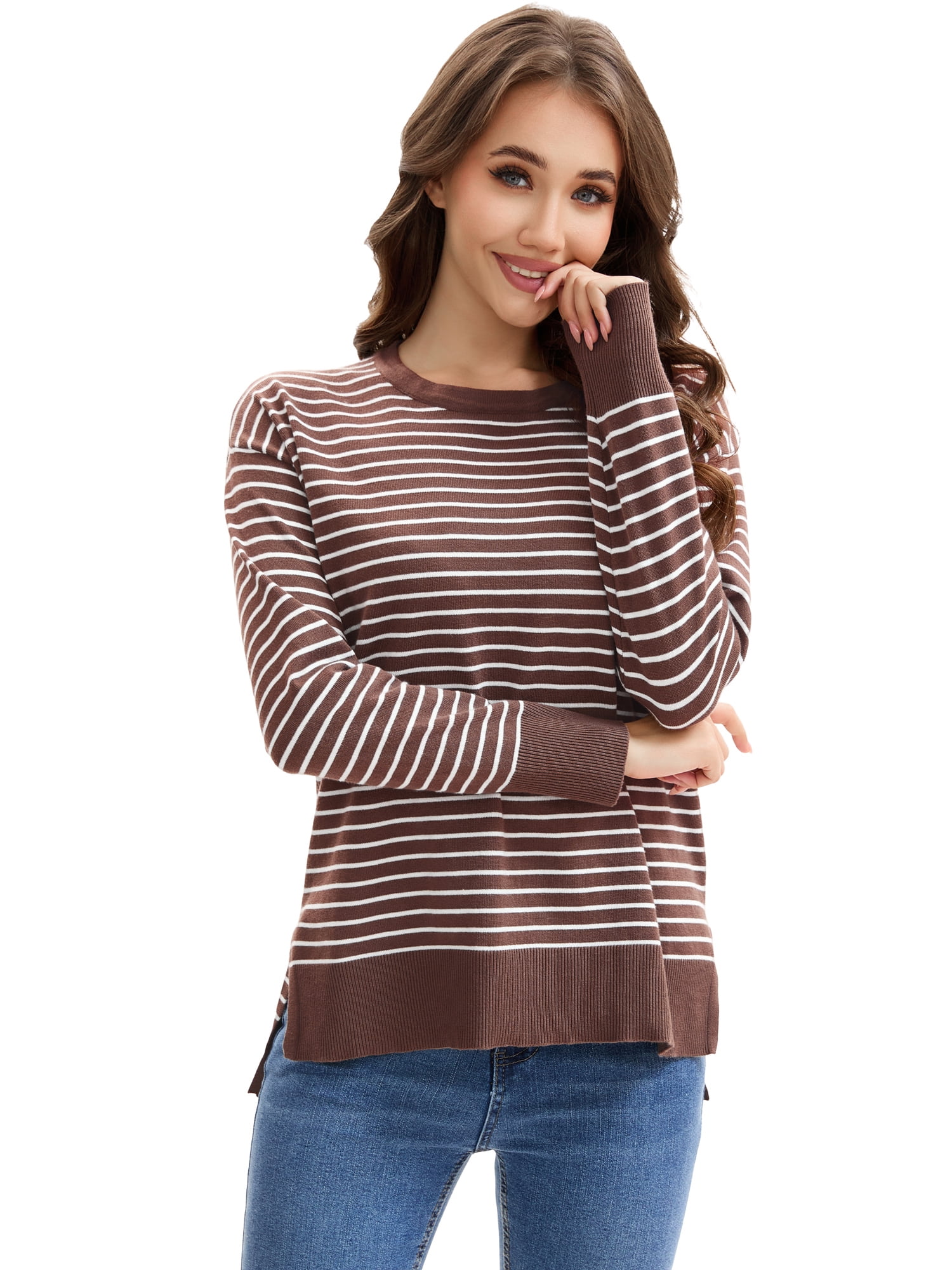 DARING DIVA Women's Striped Side Slits Long Sleeve Pullover Knit Tops L Brown-white