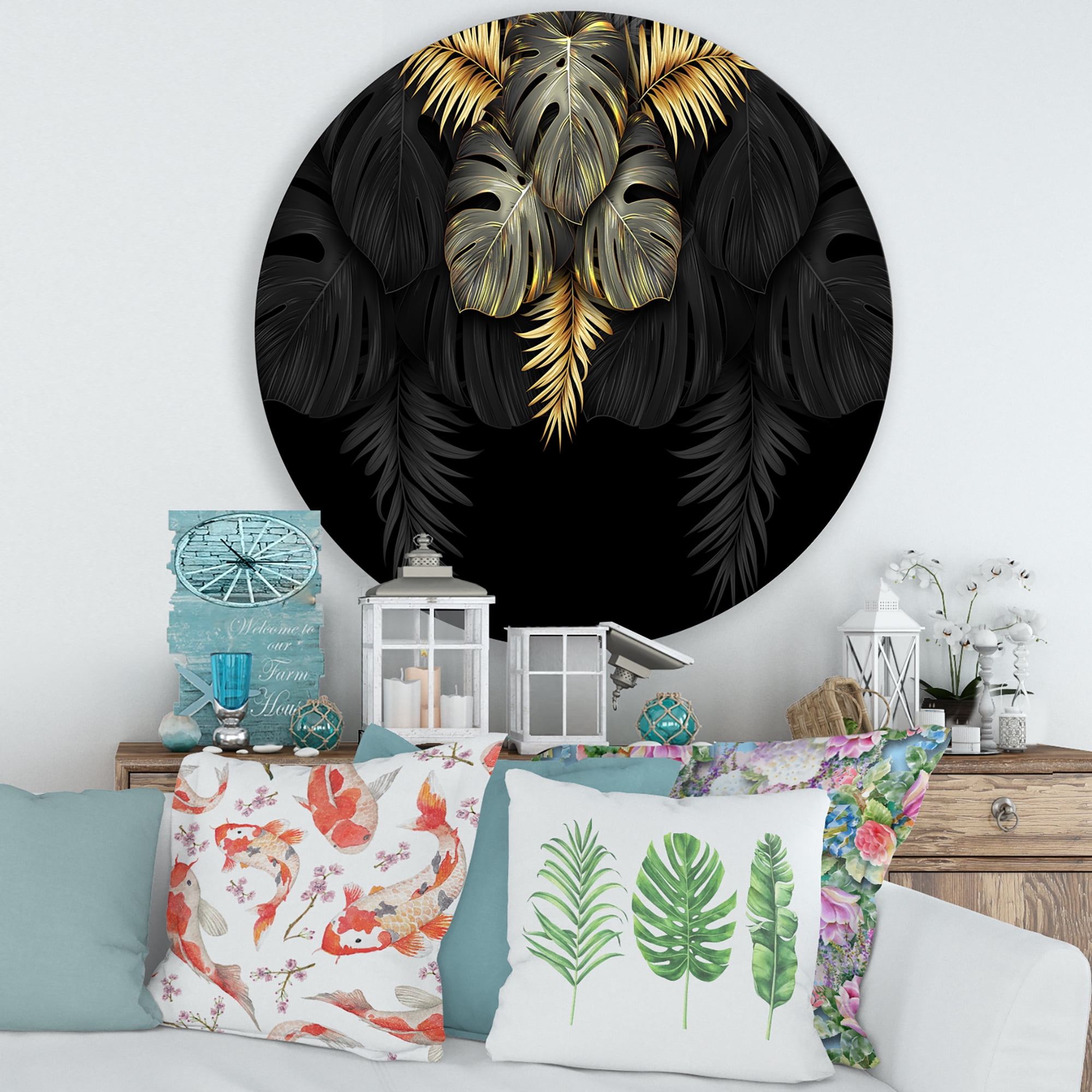 Designart 'Gold and Black Tropical Leaves IV' Modern Circle Metal Wall Art 36x36 - Disc of 36