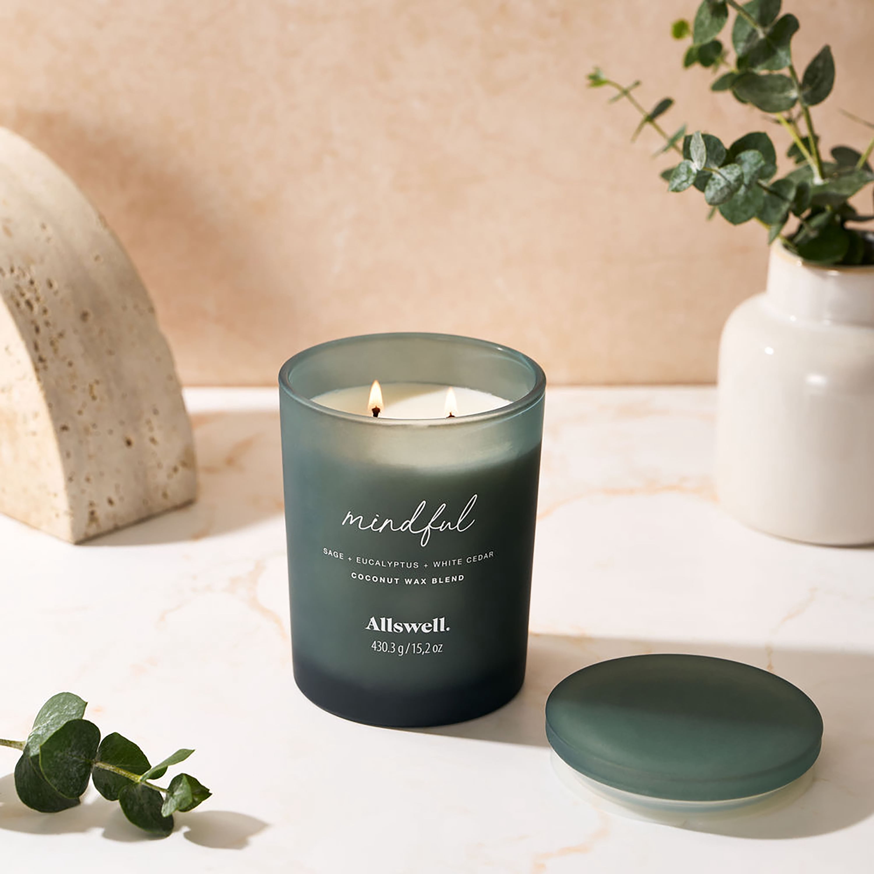 Allswell Mindful (Sage + Eucalyptus + White Cedar) Scented 2-Wick Spa Jar Candle 15oz.
