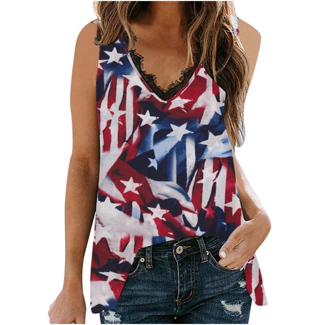 Blusa sin mangas con estampado de día de la independencia de patchwork de encaje con cuello en V de verano para mujer Pompotops lopia999010