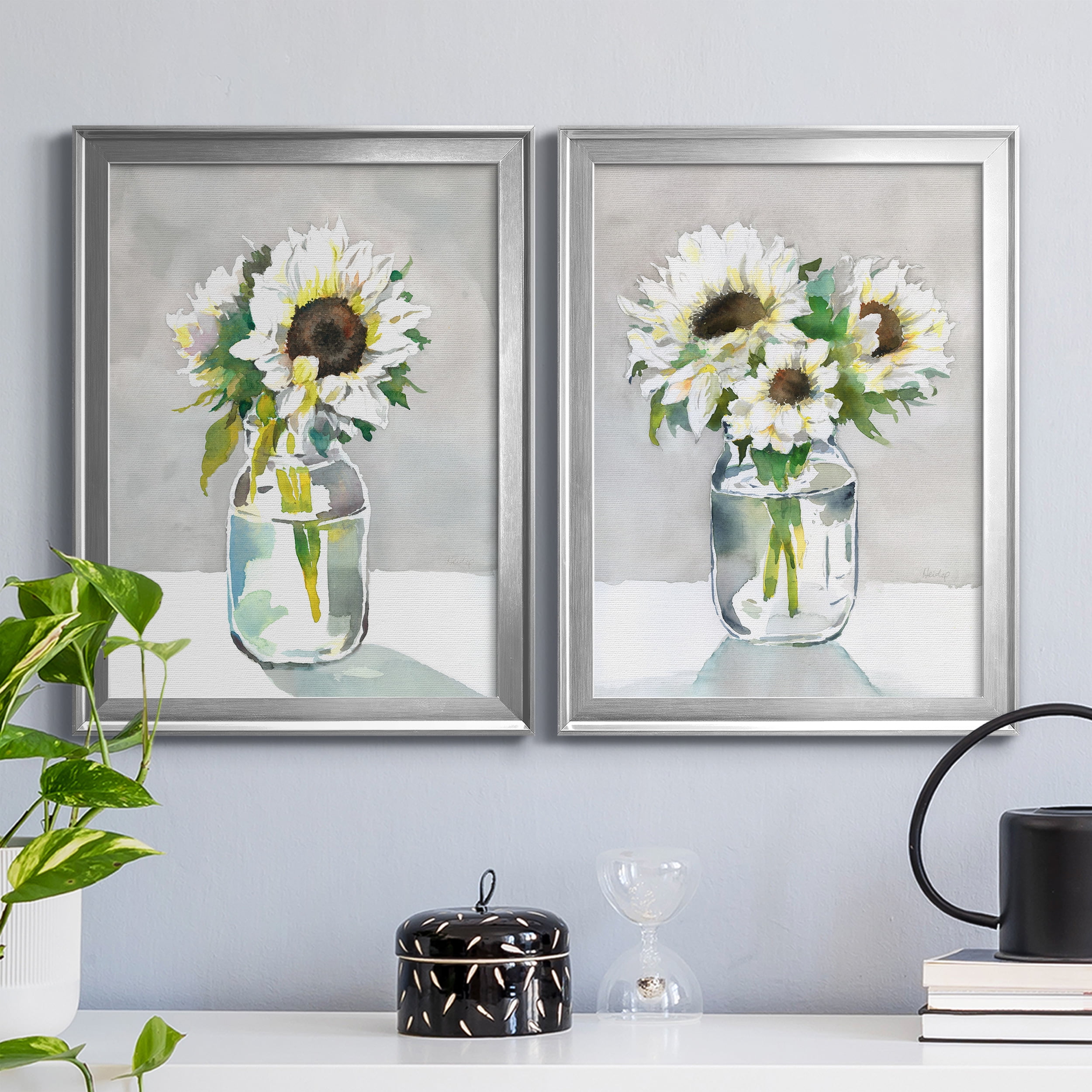 2 Piece Set Sunflower I Premium Framed Canvas - Ready to Hang - 22.5 x 30.5 Each - Silver Frame