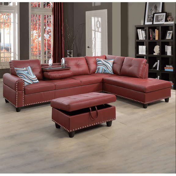 Wzlam Faux Leather 3 Piece Sofa Set with Storage Ottoman, L Shaped Sectional Couch Living Room Sofa for Bedrooms, Apartments and Offices, Red(Facing Right Chaise)