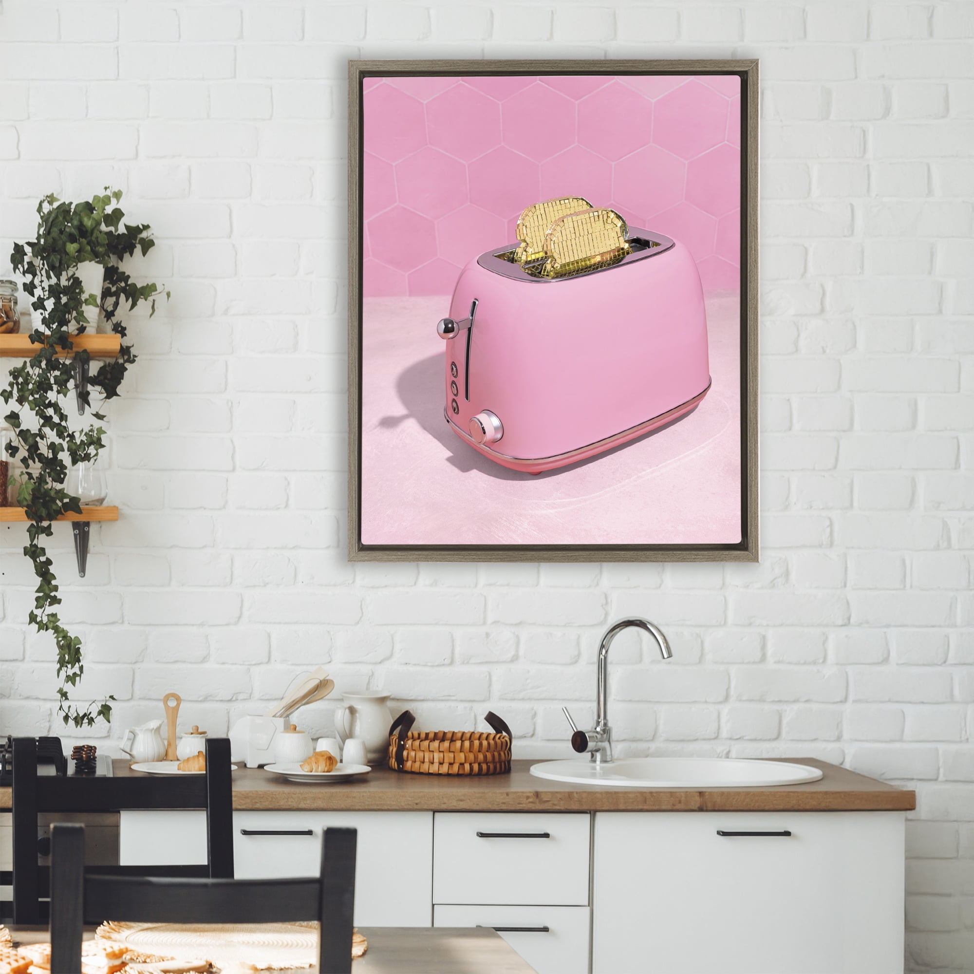 Stupell Industries Golden Toaster over Pink Brown Framed Floater Canvas Wall Art, design by LISH Creative