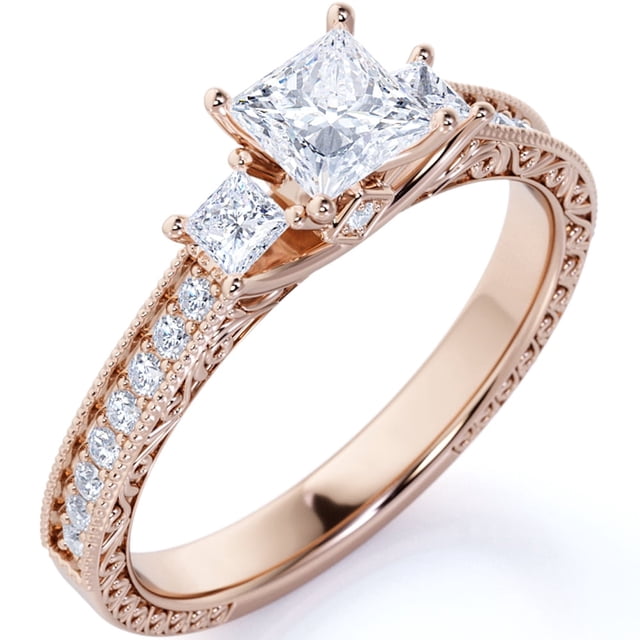 JeenMata Anillo de Compromiso Clásico de Moissanita de Corte Princesa de 1 Quilate, Estilo Vintage, con Cuentas, Tres Piedras, Estilo Victoriano, en Oro Rosa de 18 K sobre Plata