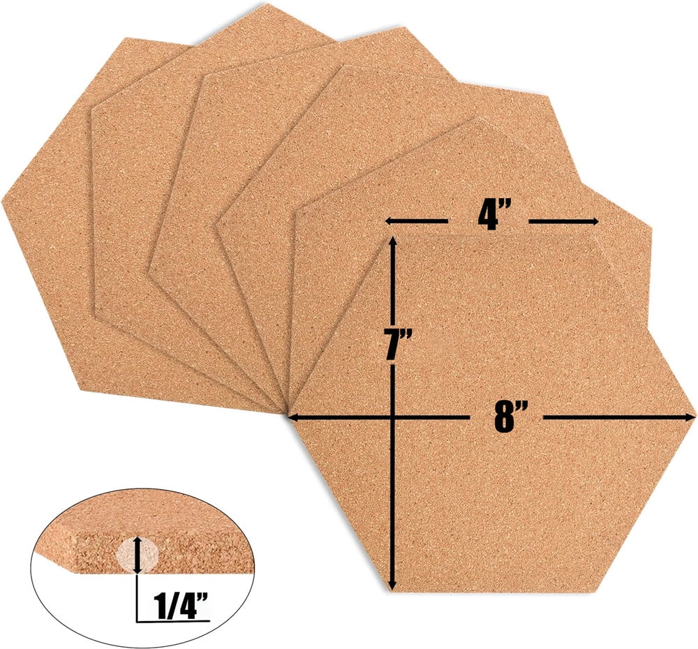 NOGIS Hexagon Cork Board Tiles Self Adhesive 6 Pack - 1/2" Thick Corkboards for Wall 8" x 7" Memo Boards Pin Board Decorative Bulletin Board for Office Home Kitchen - 40 Multi-Color Push Pins