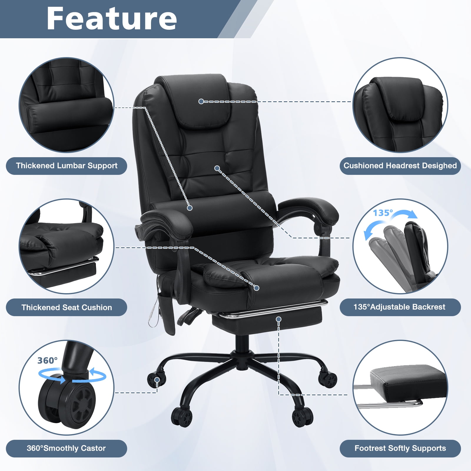 Hoffree Executive Office Chair Massage and Footrest Ergonomic Computer Desk Chair Reclining High Back Leather Office Chair Lumbar Back Support Swivel Rolling for Home Office Black