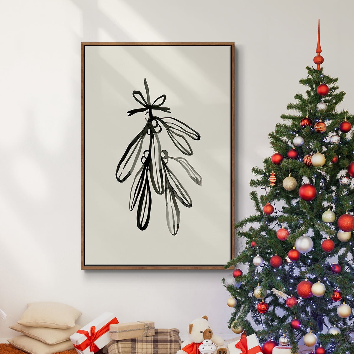 Mistletoe Sketch with Bows I - Framed Gallery Wrapped Holiday Canvas - 17 x 25 - Rosewood Frame