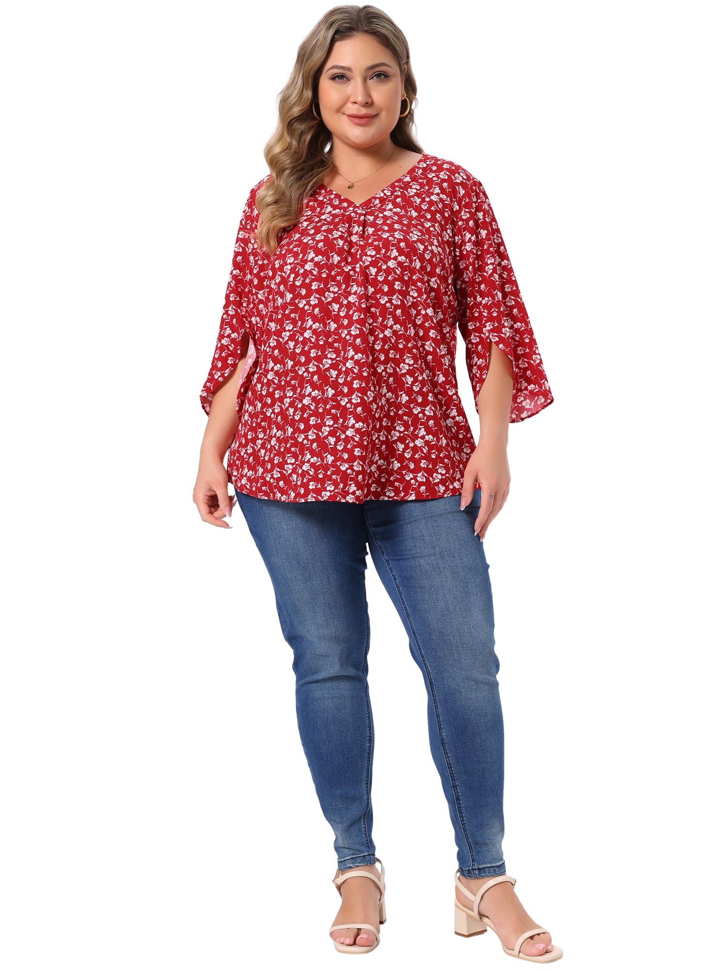 DARING DIVA Women's Plus Spring Tops 3/4 Sleeve V Neck Chiffon Work Dressy Shirt 1X Red