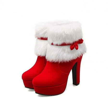 

Topyecel Holly Festival Heels for Women Winter High Heel Shoes with White Faux Fur Side