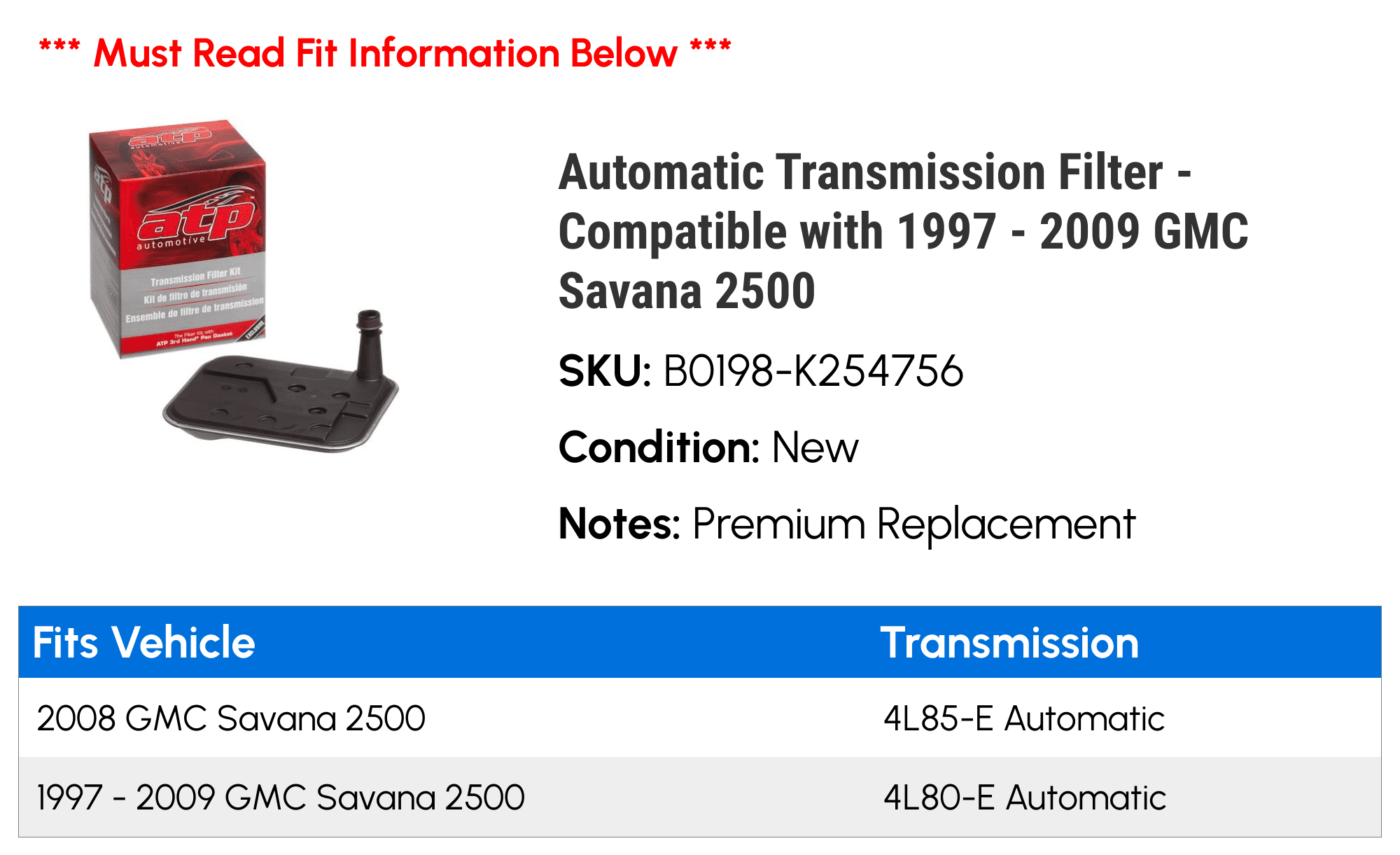 Automatic Transmission Filter - Compatible with 1997 - 2009 GMC Savana 2500 1998 1999 2000 2001 2002 2003 2004 2005 2006 2007 2008