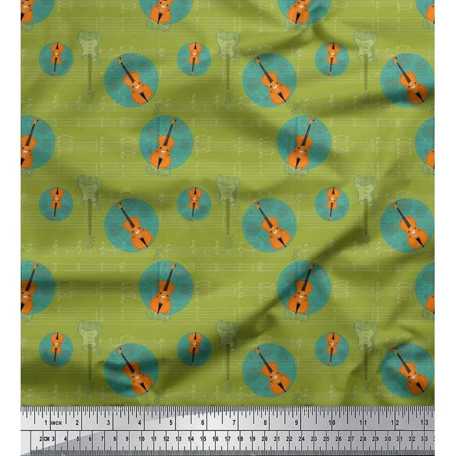 Soimoi Rayon Fabric Notes & Guitar Musical Instrument Print Sewing Fabric Yard 42 Inch Wide