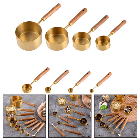 8Pcs Golden Stainless Steel Measuring Cups and Spoons Set,Wooden Handle Baking Tools with Measurements,Measuring Cups for Cooking, Baking, Dry & Liquid-Kitchen Baking Supplies