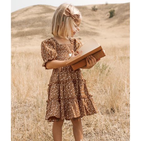 

kpoplk Summer Toddler Dress Kids Baby Little Girls Summer Puff Sleeve Floral Backless Princess Dress Ruffle Baby Girls Dresses(Brown)