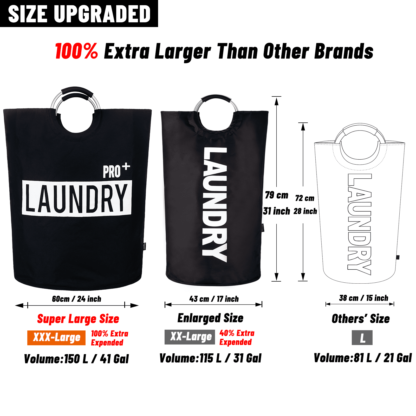 Caroeas Super Large 150L Laundry Basket Pro, Waterproof Laundry Hamper, Collapsible Laundry Basket Easy Storage, Clothes Hamper Stands Up Well, Laundry Bag with Padded Handles (Black)