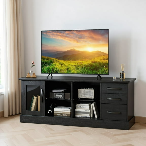 GVN TV Stand, Entertainment Center,63 Inches Media Console Table with 3 Drawers and 2 Glass Shelves-Black