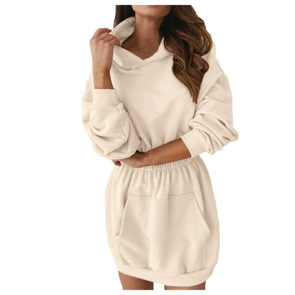 EDFBUYKRS Female Long Sleeve Hoodie Women's Street Fashion Long Sleeve Hooded Zipper Sweatshirt Dress Casual Solid Color Warm Top for Everyday Wear Xxl