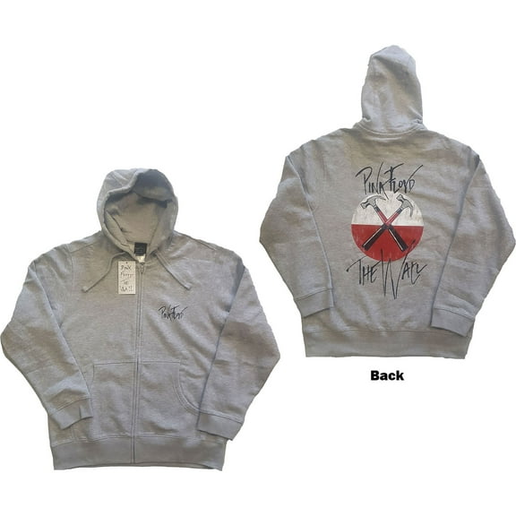 Men's Pink Floyd The Wall Faded Hammers Logo (Back Print) Zippered Hooded Sweatshirt Large Grey