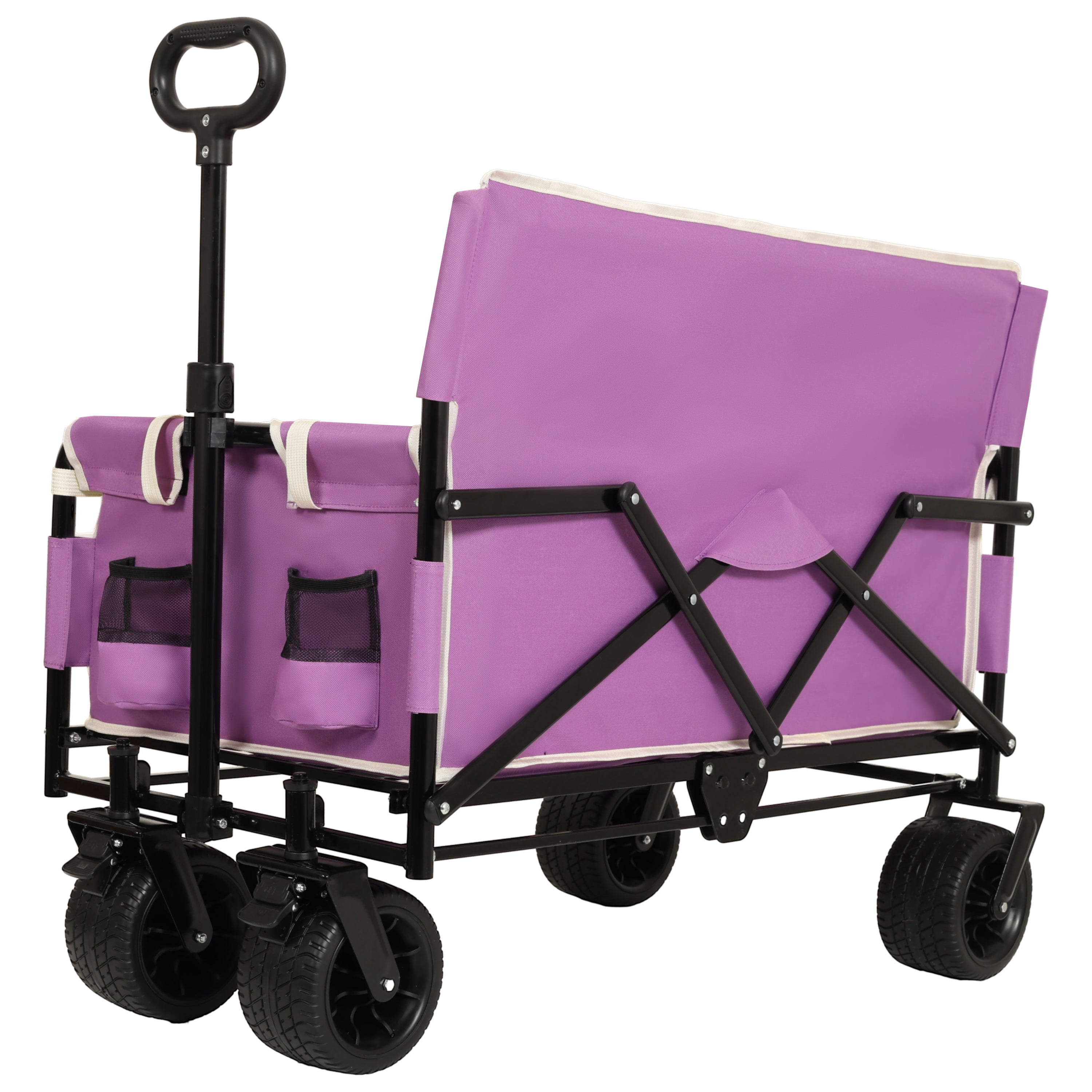 3-in-1 Convertible Folding Wagon Cart with Bench Seat & Storage, 500lbs Heavy-Duty Utility Wagon, 180L Capacity All-Terrain Wheels for Camping Beach Sports Garden, Purple