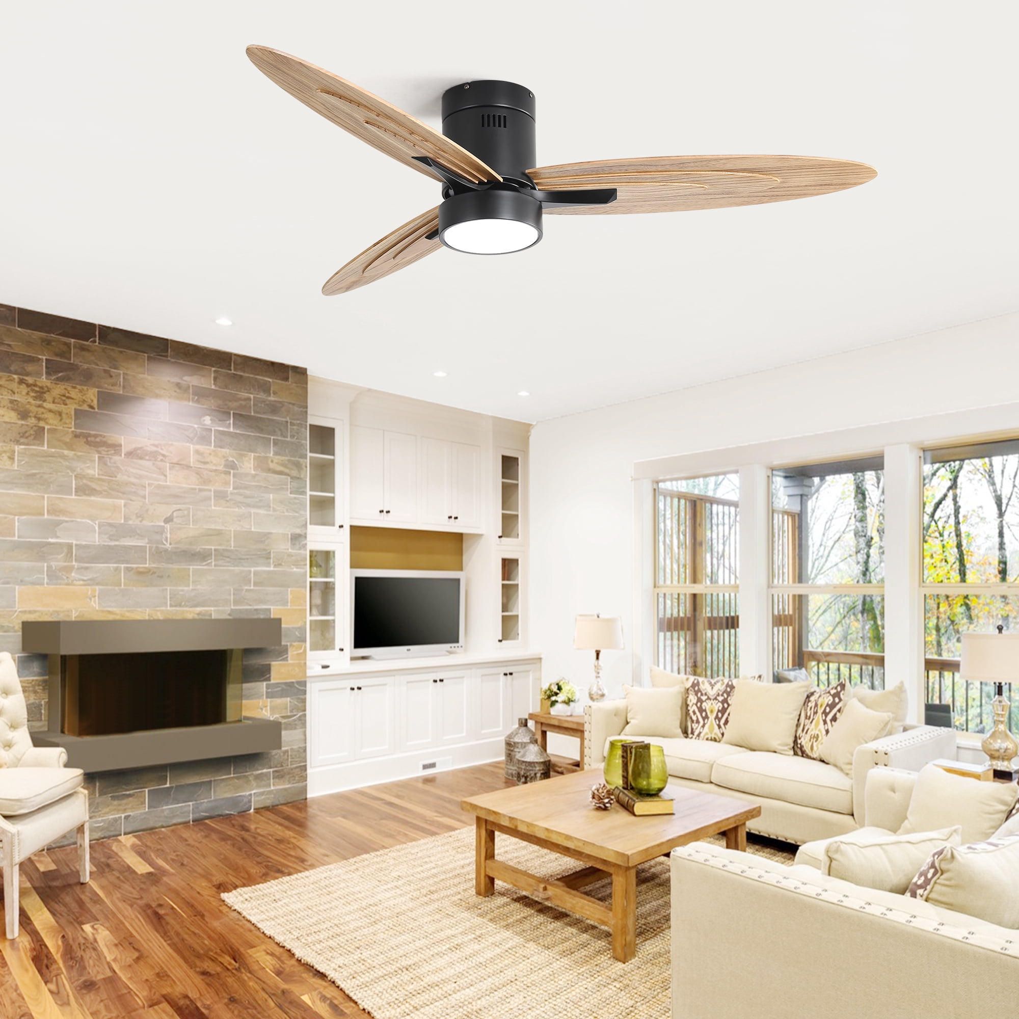 Sofucor 52 Inch Ceiling Fan with Light and Remote Control, 3 Solid Wood Blades Reversible DC Motor Black for Living Room