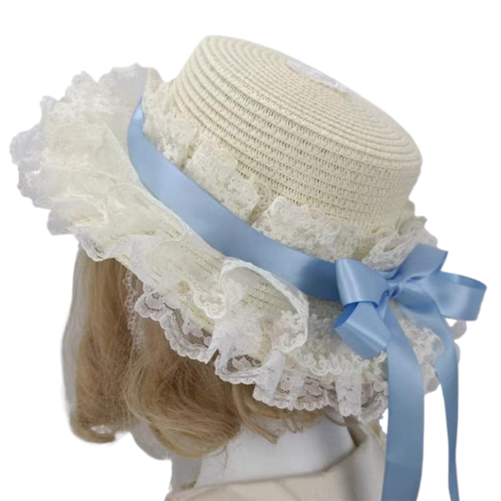 TIERPOP Breathable Straw Bonnet Hat Comfortable Victorian Theme Event Hat With Lace Trim and Bowknot For Cosplay Gatherings