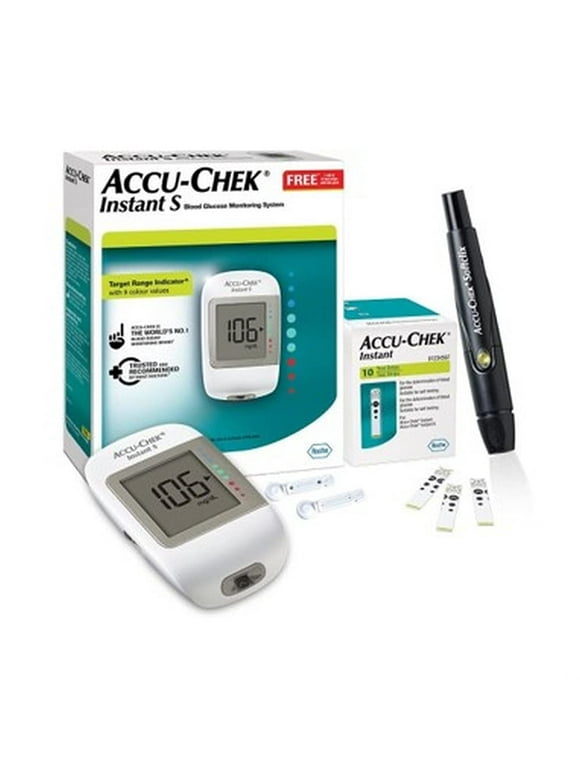 Accu-Chek Instant S Blood Glucose Glucometer Kit With Vial Of 10 Strips, 10 Lancets And A Lancing Device Free For Accurate Blood Sugar Testing