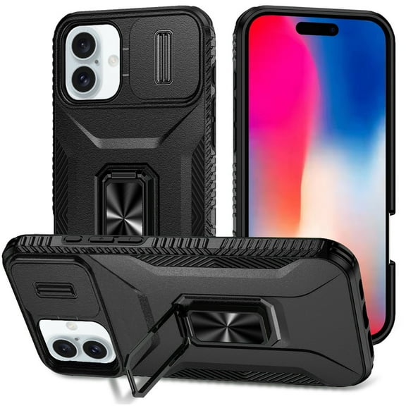 TJS for iPhone 16 Phone Case, Impact Resistant Slide Camera Cover Shockproof TPU PC Lens Protection Metal Ring Magnetic Support Kickstand Cover (Black)