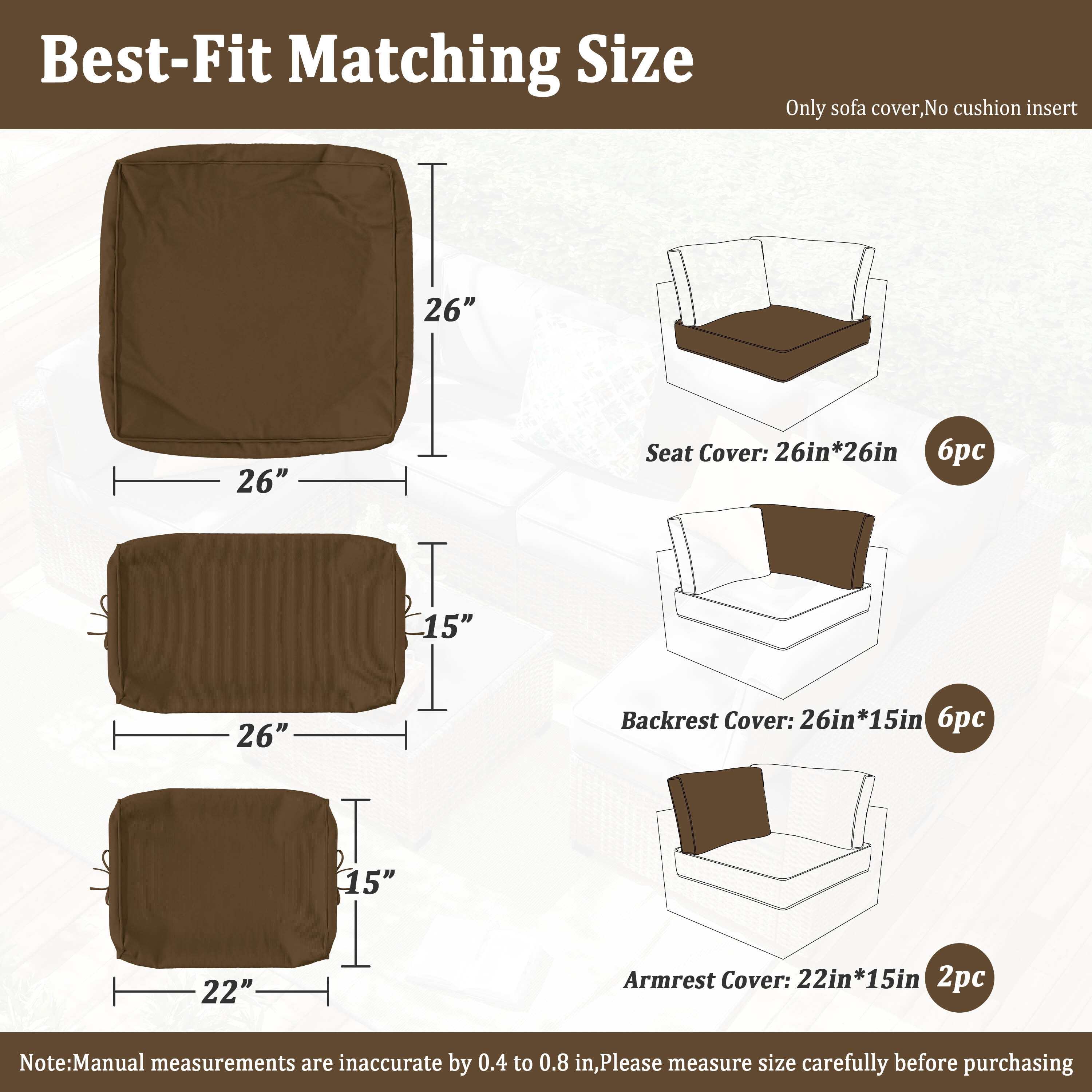 Pakunoda 14 Pcs Patio Outdoor Cushion Covers Replacement Slipcovers with Zipper Non-Slip for Garden Furniture Sofa Chair 3 Size Protector, Cover Only, Chocolate