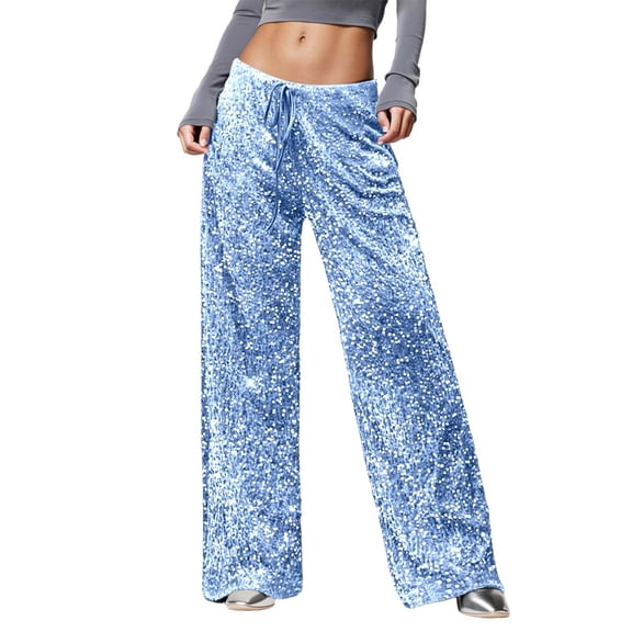 Women's Wide Leg Sequin Drawstring Pants Color Blue Size M