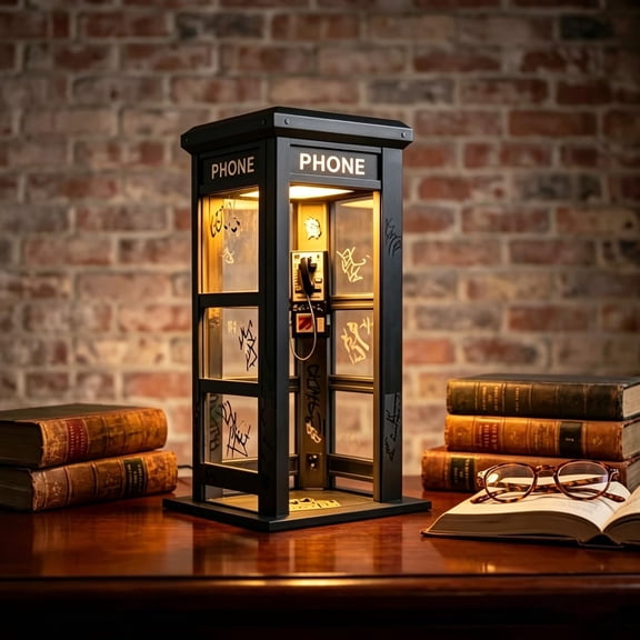 Vintage Phone Booth LED Night Light Warm Ambient Lamp With Detailed Miniature Design For Desk Decor Bedroom Office (7.87 Inches)