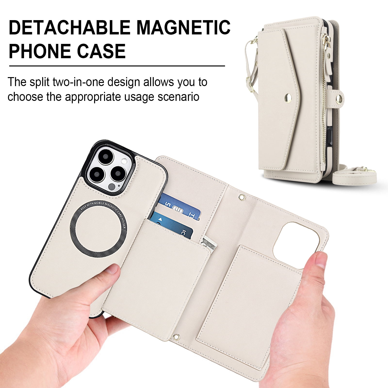 Dteck Crossbody Wallet for iPhone 15 Pro with Detachable Magnetic Phone Case, Compatible with MagSafe, RFID Blocking PU Leather Flip Cover Wrist Strap Zipper Card Holder Slots,White