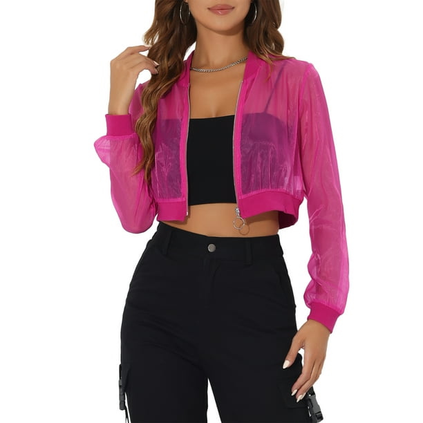 Chaqueta Bomber Crop INSPIRE CHIC para mujer, ligera de malla transparente, de manga larga, color rosa intenso