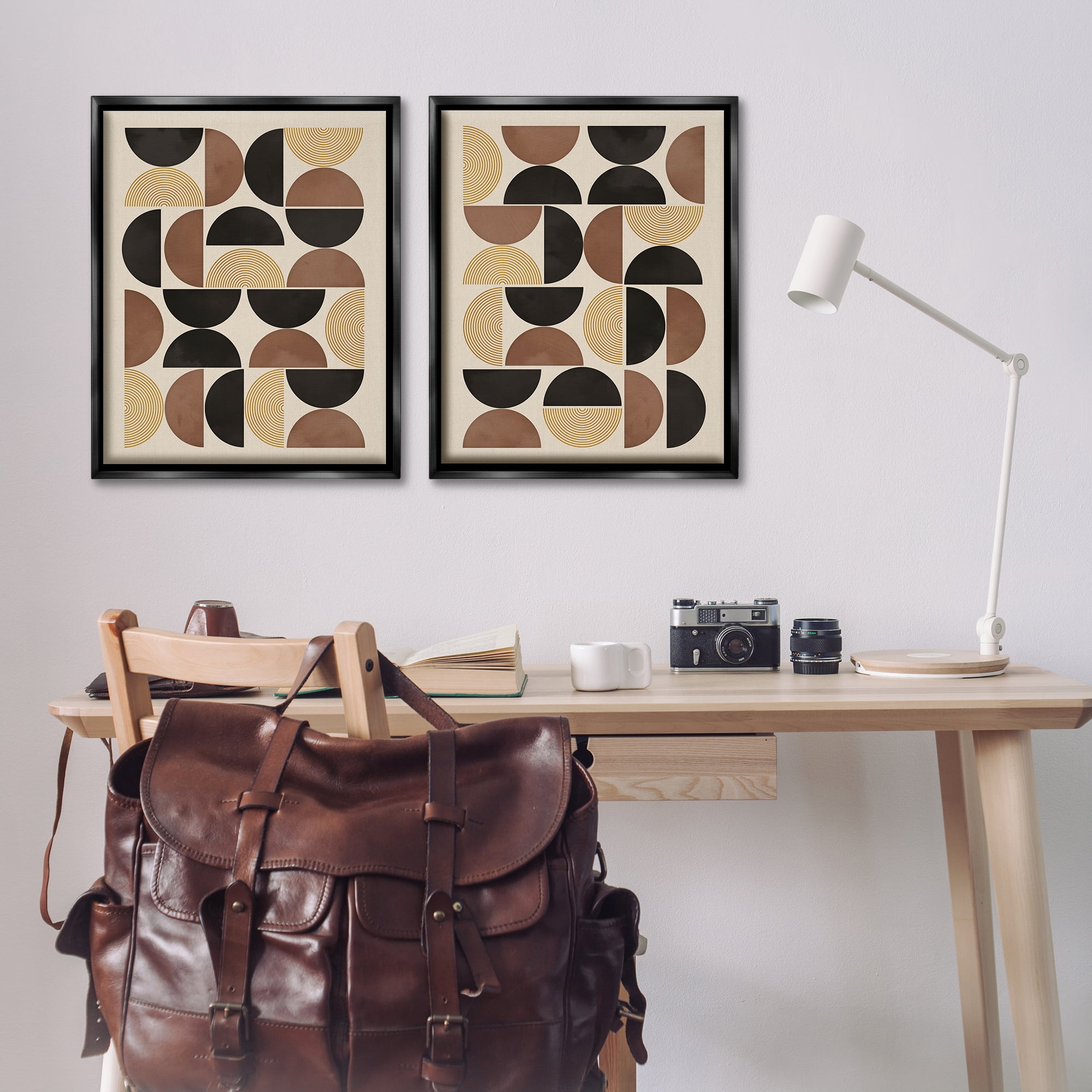 Stupell Industries Midcentury Geometric Semicircles Abstract Painting Black Floater Framed Canvas Art Print Wall Art, 31 x 25, Set of 2
