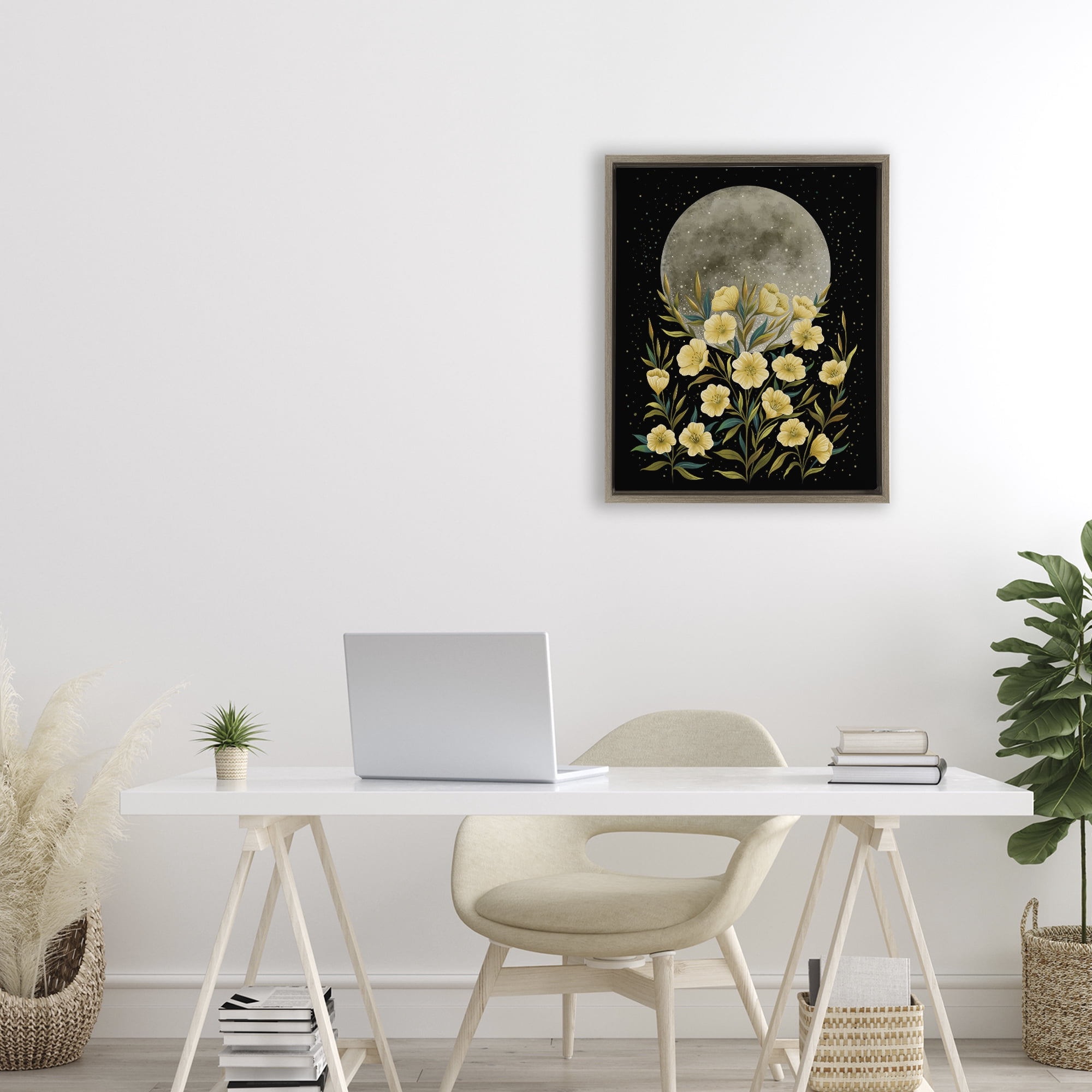 Stupell Industries Moon Greeting Yellow Flowers Brown Framed Floater Canvas Wall Art, design by Episodic Drawings