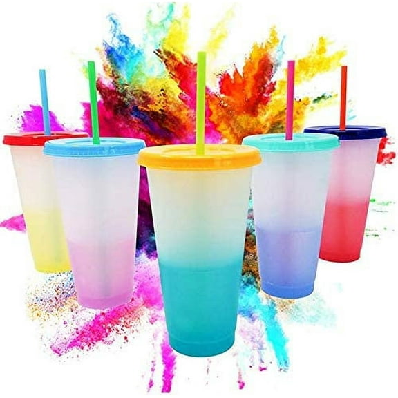 Color Changing Cups - 5 Frosted Reusable Plastic Cups with Lids and Straws - BPF/BPA Free - 24oz Reusable Tumblers - Blank Color Changing Cold Drink Cups - Party Cups for Adults and Kids