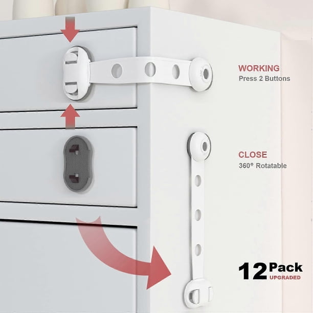 12 Pack Child Safety Cabinet Safety Locks - Adhesive Proof Latches for Kids, Drawer, Cupboard, Dishwasher, Fridge, Oven Door No Drill (White)