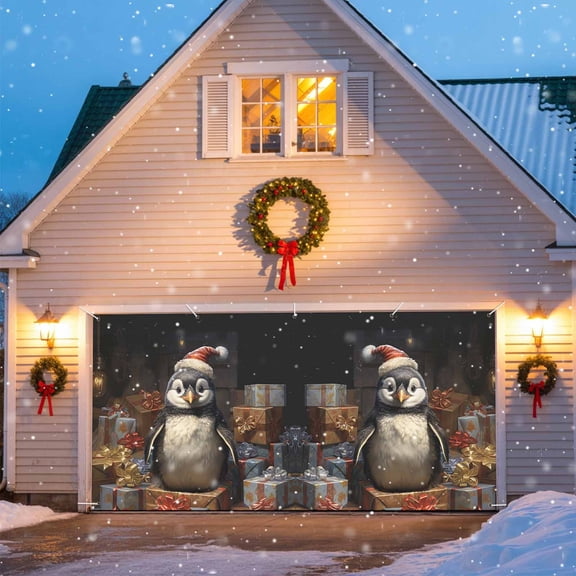 Penguin Christmas Garage Door Decorations, 6.9x8ft Garage Door Cover Banner with Grommets, Outdoor Garage Door Backdrop Mural for Holiday Party Wall Decor, Santa Hat