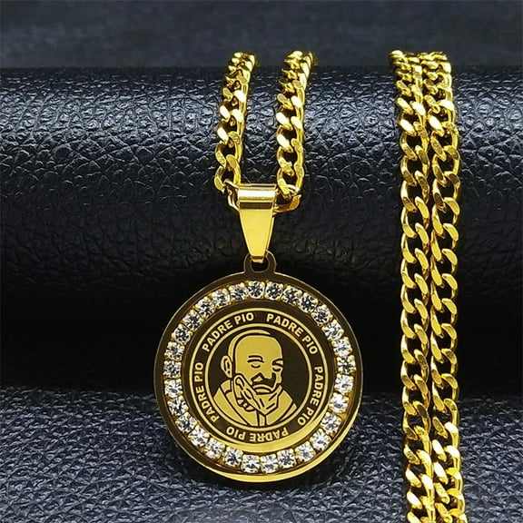 Padre Pio Pendant 14K Yellow Gold Crystal Necklaces Women/Men Gold Color Statement Necklace Jewelry Gift Father PIO