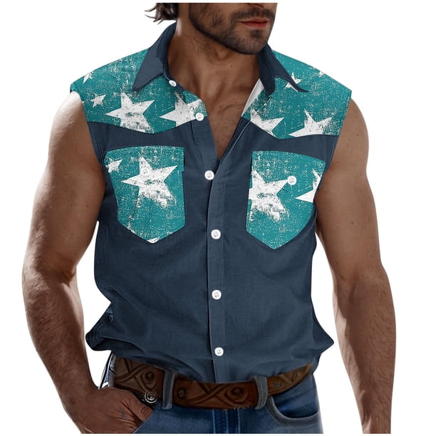 Camisas de Cuello para Hombres, Moda Casual Día de la Independencia Imprimir Turndown Bolsillos sin Mangas Tanque Deportivo
