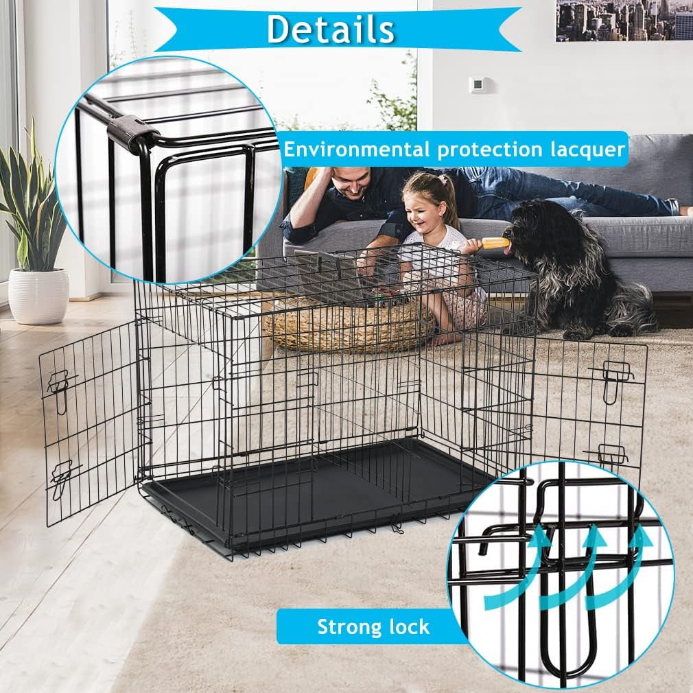 24 inch Dog Crate for Small Dogs Folding Portable Metal Dog Cage Kennel Double Door Pet Crate with Divider and Tray, Black