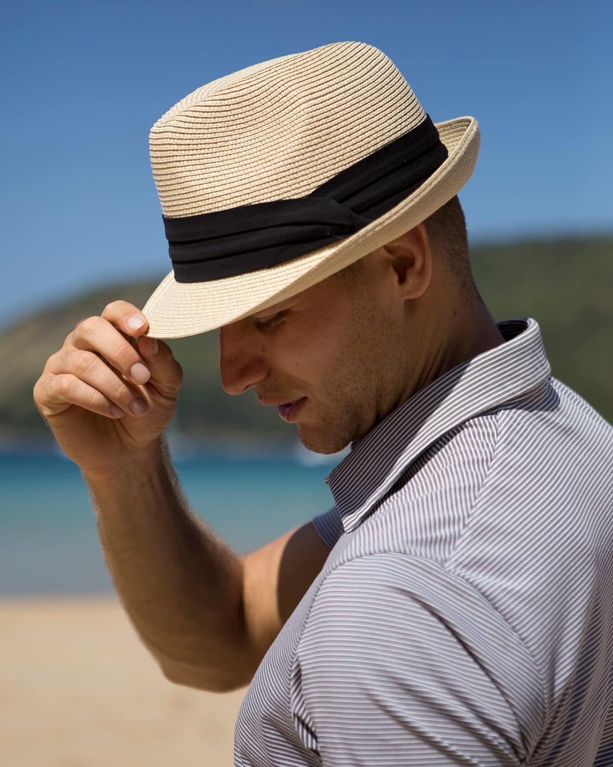 Fedora Straw Sun Hat for Men Women Foldable Roll Up Short 