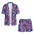thumbnail image 4 of FKEKYI 2 Piece Short Set for Women Summer Outfits Beachwear Purple Leaf Flower Print Open Front Top Shirt & Shorts with Elastic Waistband Casual Loungewear Resort Wear, L, 4 of 7