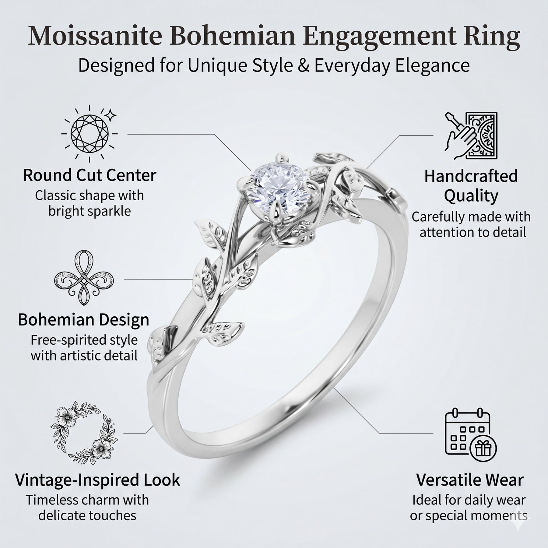 JeenMata 0.50 Carat Round Cut Moissanite Bohemian Engagement Ring - Vintage Moissanite Promise Ring - 18k Yellow Gold Plating for Women
