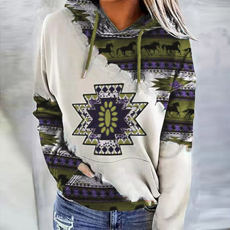 Dndkilg Women's Sweatshirts and Hoodies Big Pocket Ethnic Style Hooded Cute  Crop Hoodie Lightweight Aztec Drawstring Athletic Pullover Western  Geometric Womens Workout Clothes Army Green XL 