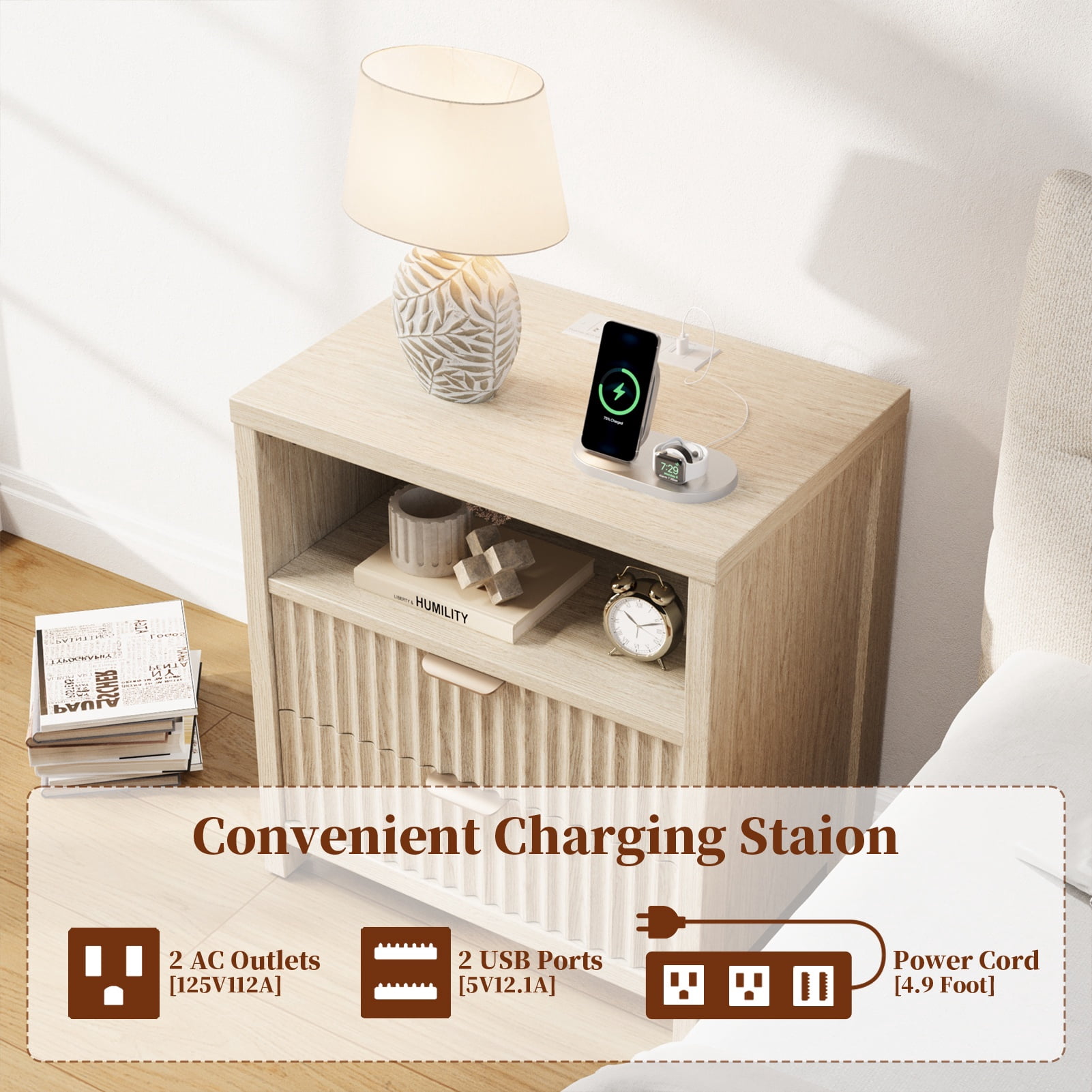 Satifur Modern Fluted Nightstand with Charging Station & 2 Storage Drawer for Bedroom,Light Oak Grain