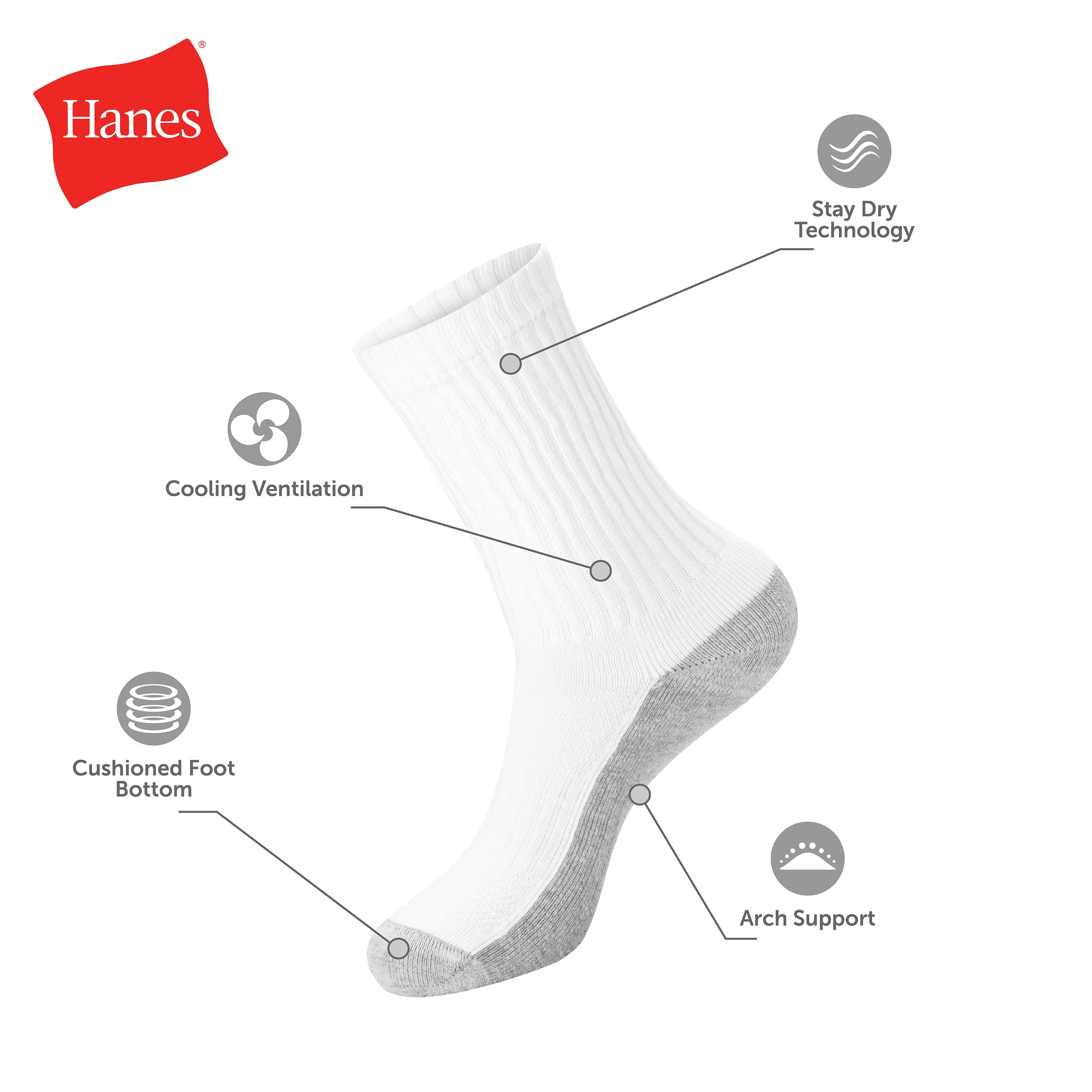Hanes Mens Crew Socks Pack, 12-Pack, X-Temp Cushioned Socks for Men, Moisture-Wicking for big & tall men