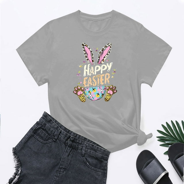 UPPADA Femmes Joyeuse Easter T-Shirt Bunny Rabbit T-Shirt Graphique Manches Courtes Lettres Amusantes Imprimées Chemises Manches Courtes Col Rond Tuniques Hauts Gris,m