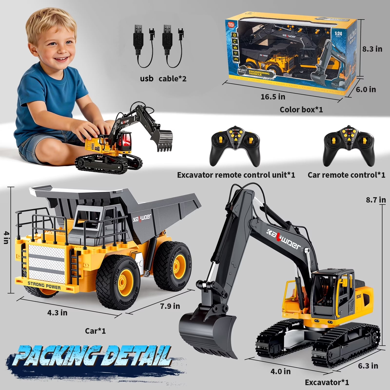 JoyStone RC Construction Vehicles Toy Set for Kids, 2.4Ghz Alloy RC Excavator and Dump Truck Toy with Light/Sounds/Auto Demo, RC Car Toys Gifts for Toddlers Boys