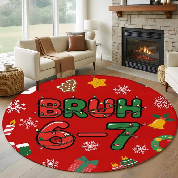 Round Area Rugs Collection 8 Ft, Red Christmas Non-Slip Residential Carpet, Xmas Trees Snowmans Snowflakes Gifts Cartoon Indoor Crawling Mats Runner Rugs for Living Room/Dining Room/Bedroom