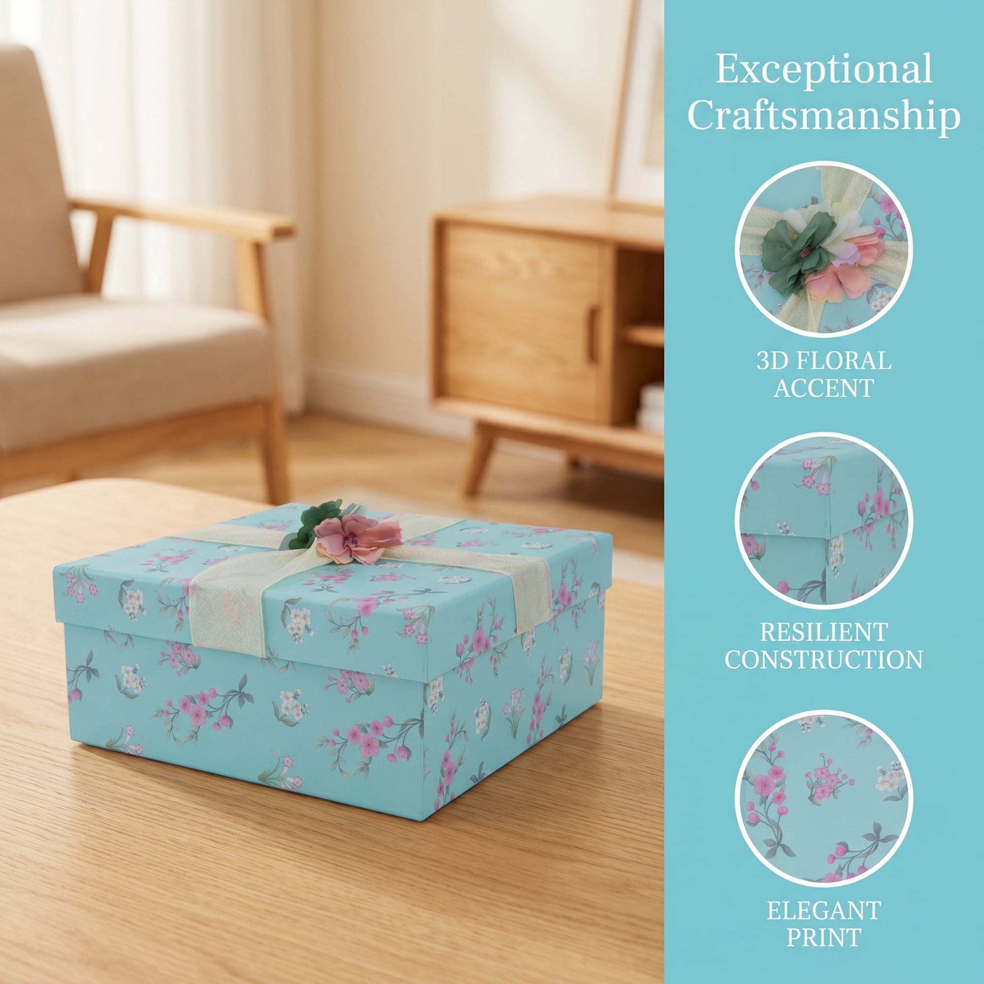 Unique Bargains Elegant Rigid Present Gift Box with Printed Ribbon Blue 7.5"x7.5"x3.1"